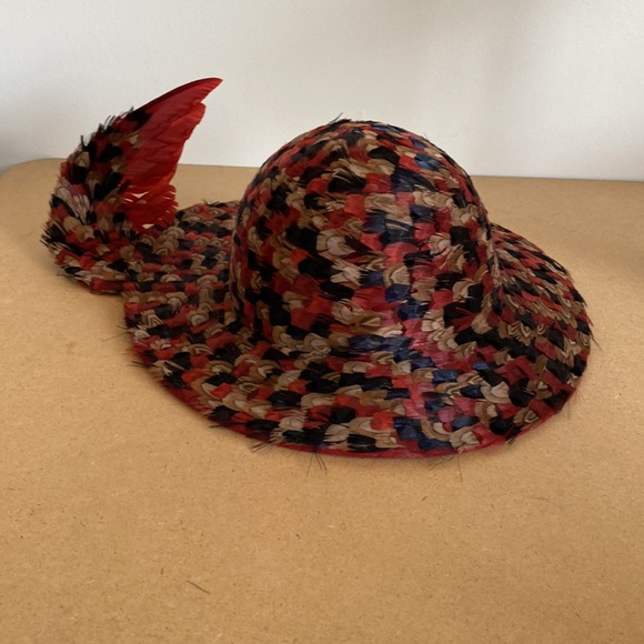 VTG Rare Jack McConnell Feather Hat. Red/Navy Multi Feather Outside - Picture 3 of 16